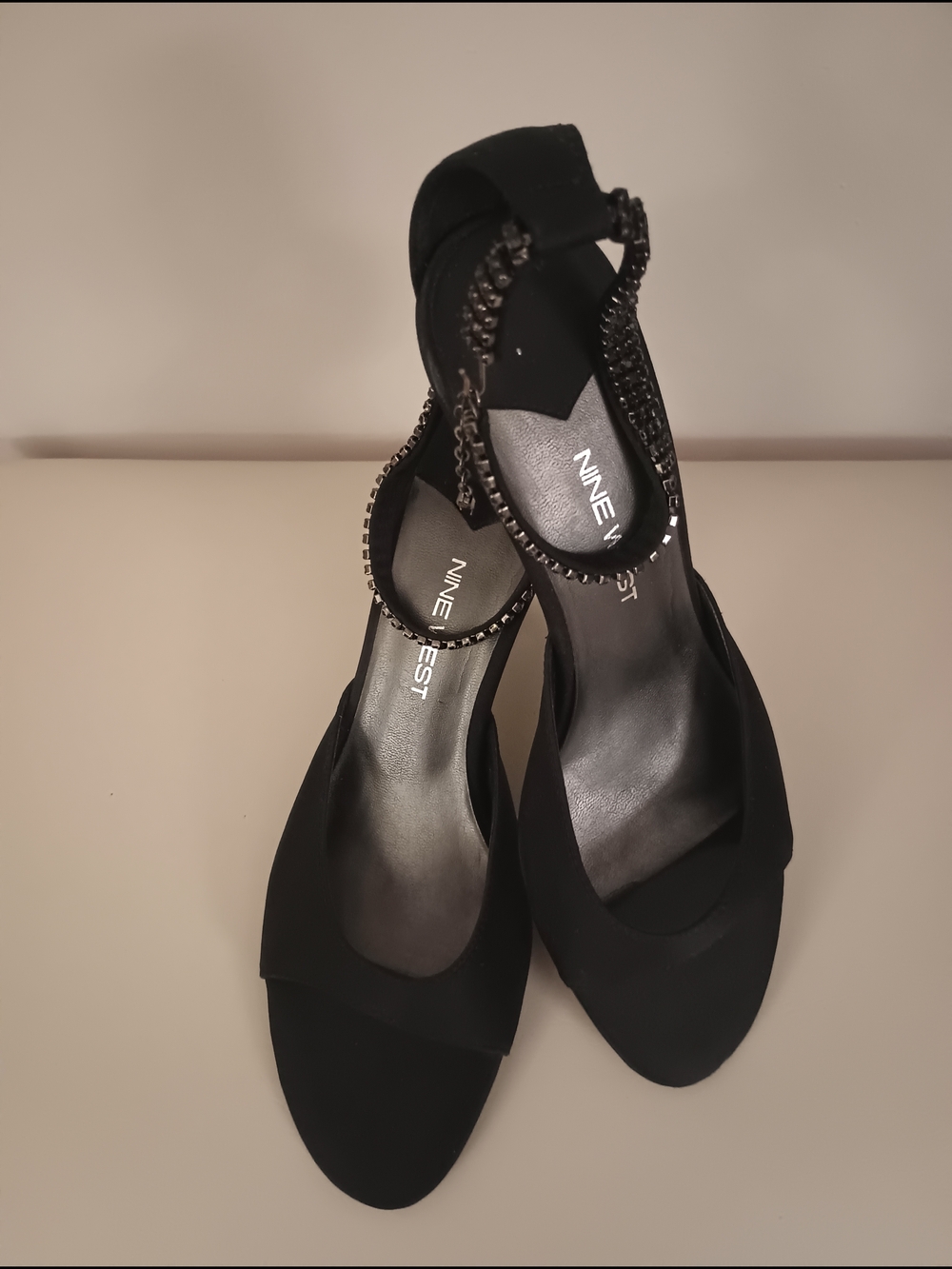 Nine West Black Open-Toe Ankle-Strap Heels with Chain Accents